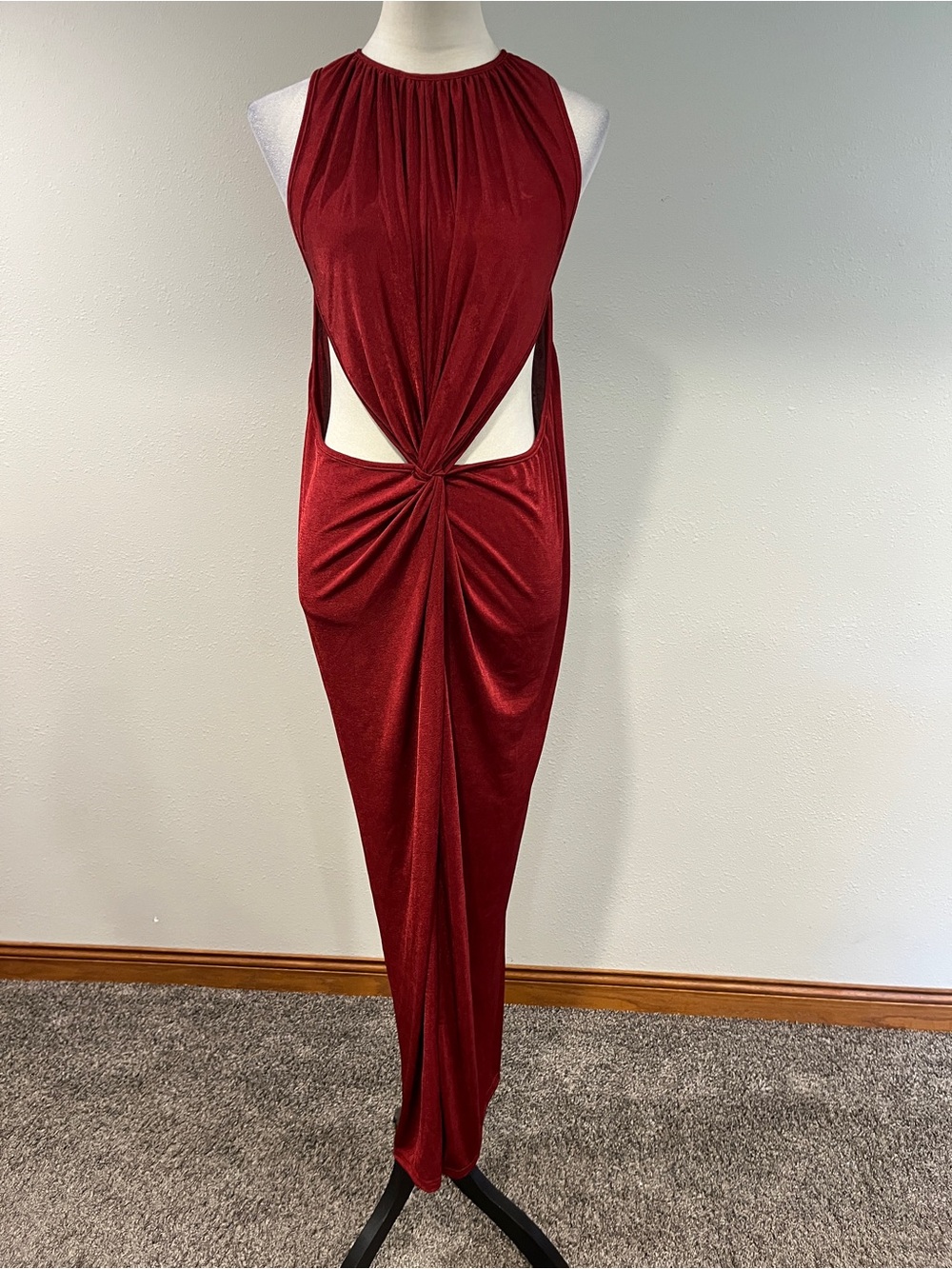 Burgundy Cutout Knot Front Maxi Dress